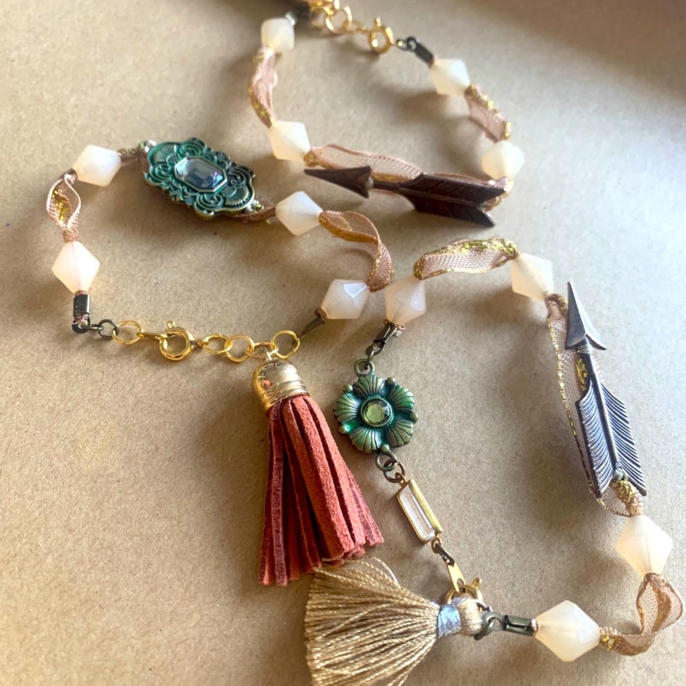 Handmade ribbon charm and tassel bracelets